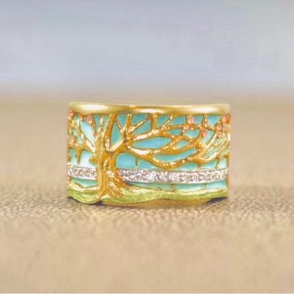 NIB 18k Gold Fire Opal and enamel tree of life Cherry blossom ring - Picture 6 of 16